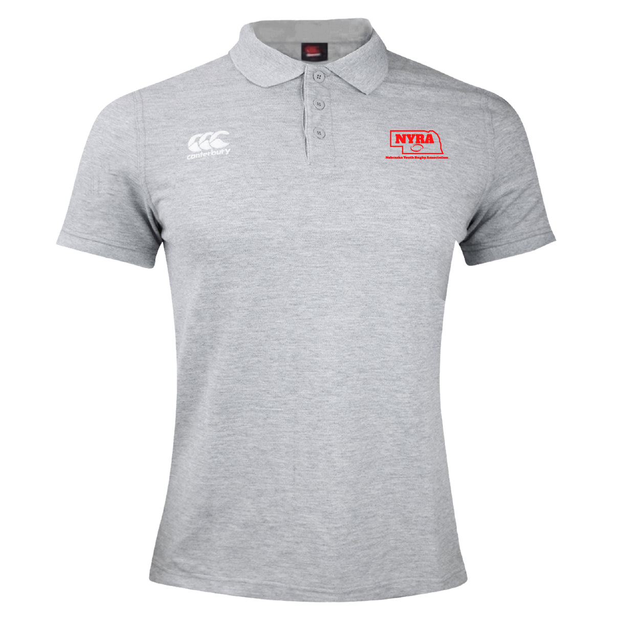 The Nebraska Youth Rugby Association Waimak Polo by EMB Canterbury is a light grey men's rugby polo with a white Canterbury logo on the right chest and a red NYRA logo on the left chest.