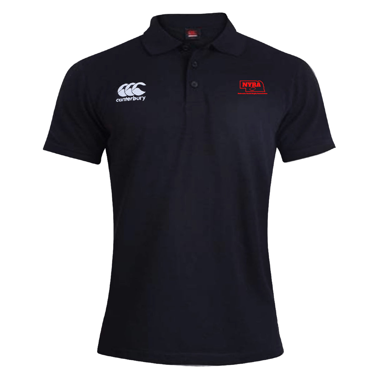 The Nebraska Youth Rugby Association Waimak Polo by EMB Canterbury is a black men's rugby polo with short sleeves, featuring a white "canterbury" logo on the right chest and a red/white "NYRA" logo on the left.