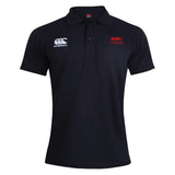 The Nebraska Youth Rugby Association Waimak Polo by EMB Canterbury is a black men's rugby polo with short sleeves, featuring a white "canterbury" logo on the right chest and a red/white "NYRA" logo on the left.