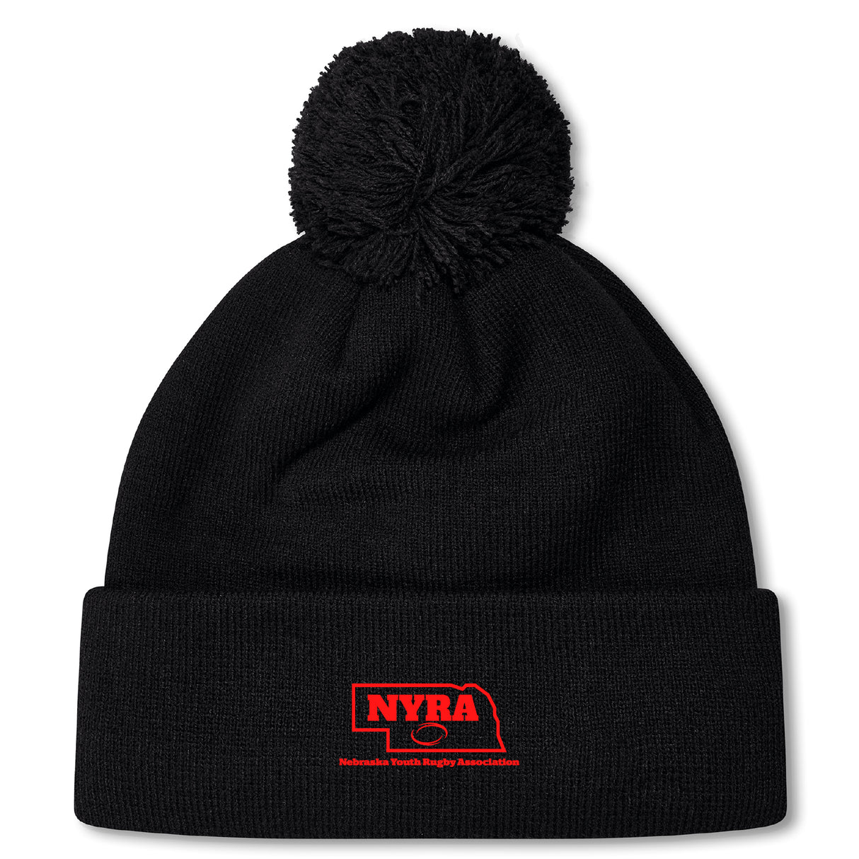 The Nebraska Youth Rugby Association Pom Pom Beanie by EMB Canterbury features a black knit design, cozy fleece lining, pom-pom top, and a red embroidered NYRA logo with a Nebraska outline on the folded brim.
