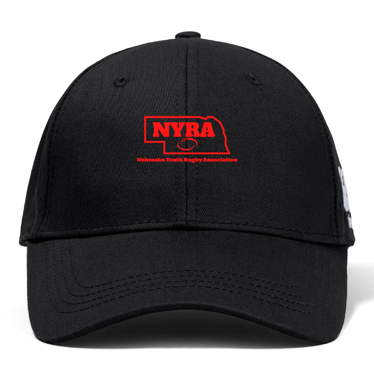 The Nebraska Youth Rugby Association Flexfit Drill Cap by EMB Canterbury is a black cap with a curved brim, featuring an embroidered red Nebraska outline, "NYRA" text, and a rugby ball logo on the front.
