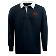 The EMB Mudoo Nebraska Youth Rugby Association Classic Long Sleeve Solid Rugby Jersey features a navy blue design, white collar, and a bold red NYRA logo on the left chest.
