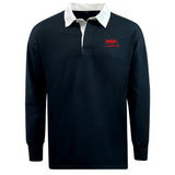 The EMB Mudoo Nebraska Youth Rugby Association Classic Long Sleeve Solid Rugby Jersey features a navy blue design, white collar, and a bold red NYRA logo on the left chest.