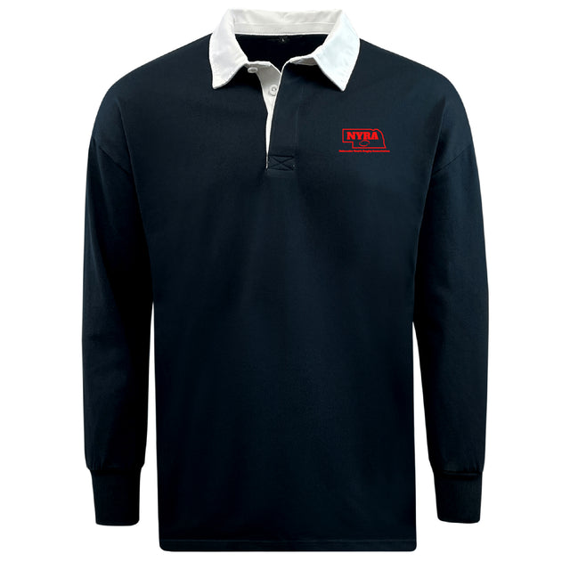 The EMB Mudoo Nebraska Youth Rugby Association Classic Long Sleeve Solid Rugby Jersey features a navy blue design, white collar, and a bold red NYRA logo on the left chest.