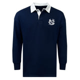The EMB Mudoo UNC Rugby Classic Long Sleeve Solid Rugby Jersey features classic rugger style in navy blue with a white collar and cuffs, plus a white embroidered monogram logo on the left chest.