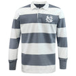 The EMB Mudoo UNC Rugby Classic Long Sleeve Hooped Rugby Jersey features wide gray and white stripes and a white monogram logo on the left chest.