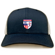 The Naperville Warriors Retro Trucker Cap by EMB S&S Activewear features a navy blue and beige design, an embroidered team logo on the front, and a snapback closure for adjustable comfort.