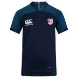 The Naperville Warriors Vapodri Evader Jersey by EMB Canterbury features navy blue and teal colors, a VapoDri moisture-wicking finish, Canterbury logo on the right chest, crest patch on the left chest, and short sleeves.