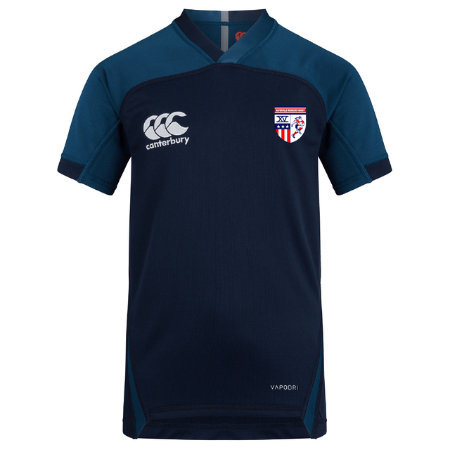 The Naperville Warriors Vapodri Evader Jersey by EMB Canterbury features navy blue and teal colors, a VapoDri moisture-wicking finish, Canterbury logo on the right chest, crest patch on the left chest, and short sleeves.