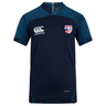The Naperville Warriors Vapodri Evader Jersey by EMB Canterbury features navy blue and teal colors, a VapoDri moisture-wicking finish, Canterbury logo on the right chest, crest patch on the left chest, and short sleeves.
