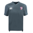 The Naperville Warriors Vapodri Evader Jersey by EMB Canterbury is a gray short-sleeve top with a right-chest Canterbury logo and a stars-and-stripes crest, crafted with moisture-wicking Vapodri technology for comfort.