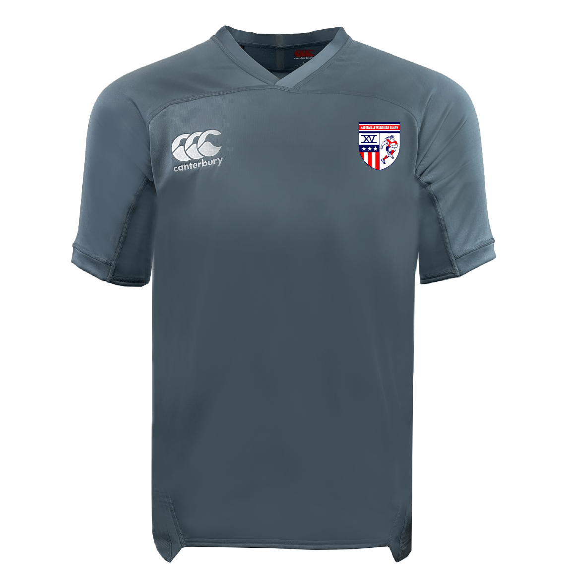 The Naperville Warriors Vapodri Evader Jersey by EMB Canterbury is a gray short-sleeve top with a right-chest Canterbury logo and a stars-and-stripes crest, crafted with moisture-wicking Vapodri technology for comfort.