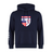 The Naperville Warriors Club Hoodie by Canterbury (WRS Canterbury) is a navy blue hoodie with a crest featuring "Naperville Warriors Rugby," a rugby player, stars, and stripes; white striping on the right sleeve. Soft sweatshirt fleece, optional customization.