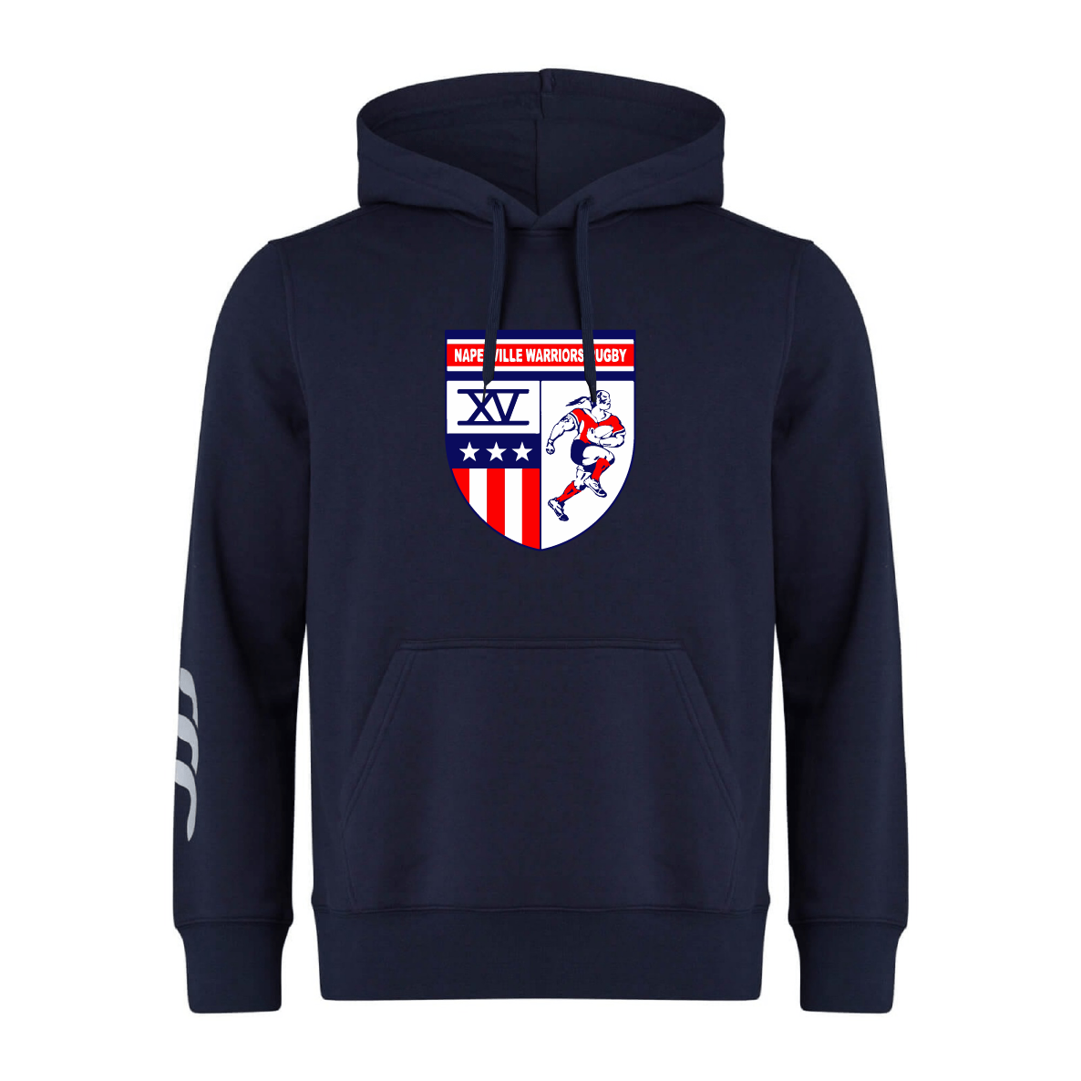 The Naperville Warriors Club Hoodie by Canterbury (WRS Canterbury) is a navy blue hoodie with a crest featuring "Naperville Warriors Rugby," a rugby player, stars, and stripes; white striping on the right sleeve. Soft sweatshirt fleece, optional customization.