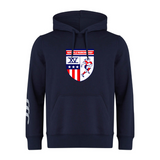 The Naperville Warriors Club Hoodie by Canterbury (WRS Canterbury) is a navy blue hoodie with a crest featuring "Naperville Warriors Rugby," a rugby player, stars, and stripes; white striping on the right sleeve. Soft sweatshirt fleece, optional customization.