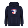 The Naperville Warriors Club Hoodie by Canterbury (WRS Canterbury) is a navy blue hoodie with a crest featuring "Naperville Warriors Rugby," a rugby player, stars, and stripes; white striping on the right sleeve. Soft sweatshirt fleece, optional customization.