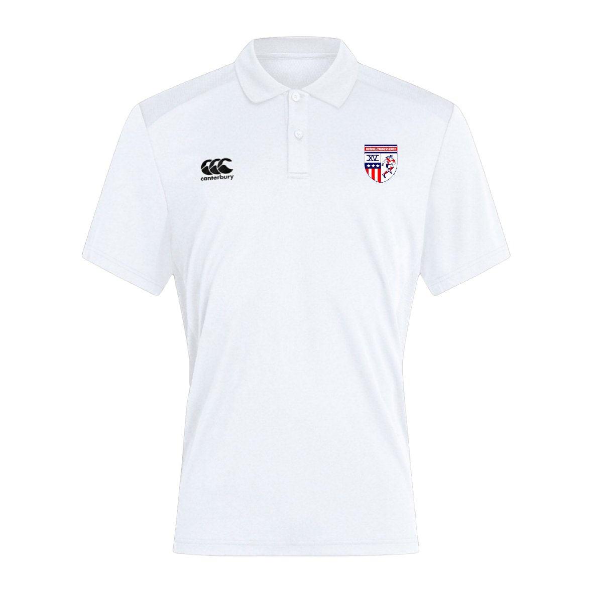 The Naperville Warriors Club Dry Polo by EMB Canterbury features Vapodri Technology, a classic logo on the right chest, and a shield emblem with stars and stripes on the left for breathable everyday comfort.