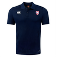 The Naperville Warriors Club Dry Polo by EMB Canterbury is a navy short-sleeve polo with a collar, Vapodri Technology for breathability, Canterbury logo on the right chest, and a red, white, and blue shield emblem on the left chest.