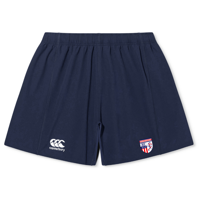 The Naperville Warriors Yokohama Short by EMB Canterbury is a navy blue rugby short with an elastic waistband, featuring a Canterbury logo on the left leg and a crest with red, white, and blue details on the right.