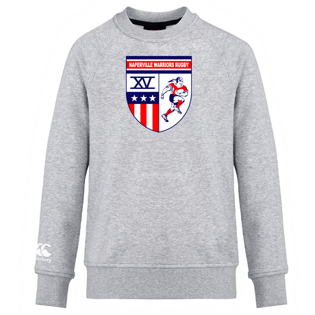 The Naperville Warriors Club Crew Sweatshirt by Canterbury features a "Naperville Warriors Rugby" crest with stars, stripes, XV numerals, a rugby player graphic, and an embroidered CCC logo on the front. Brand: WRS Canterbury.