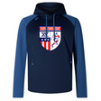 The Naperville Warriors Elite Training Hoody by WRS Canterbury features a "Naperville Warriors Rugby" crest with stars, stripes, Roman numerals, and a rugby player graphic—crafted from premium fabrics for comfort and durability.