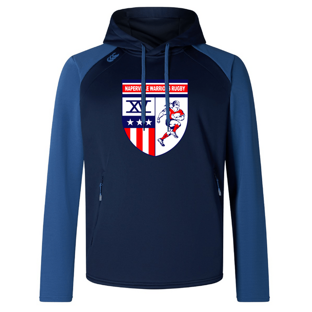 The Naperville Warriors Elite Training Hoody by WRS Canterbury features a "Naperville Warriors Rugby" crest with stars, stripes, Roman numerals, and a rugby player graphic—crafted from premium fabrics for comfort and durability.