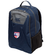 The Naperville Warriors Medium Backpack by EMB Canterbury features water-repellent fabric, ergonomic shoulder straps, a front zip pocket, mesh side pocket, and a rugby logo patch on the front.