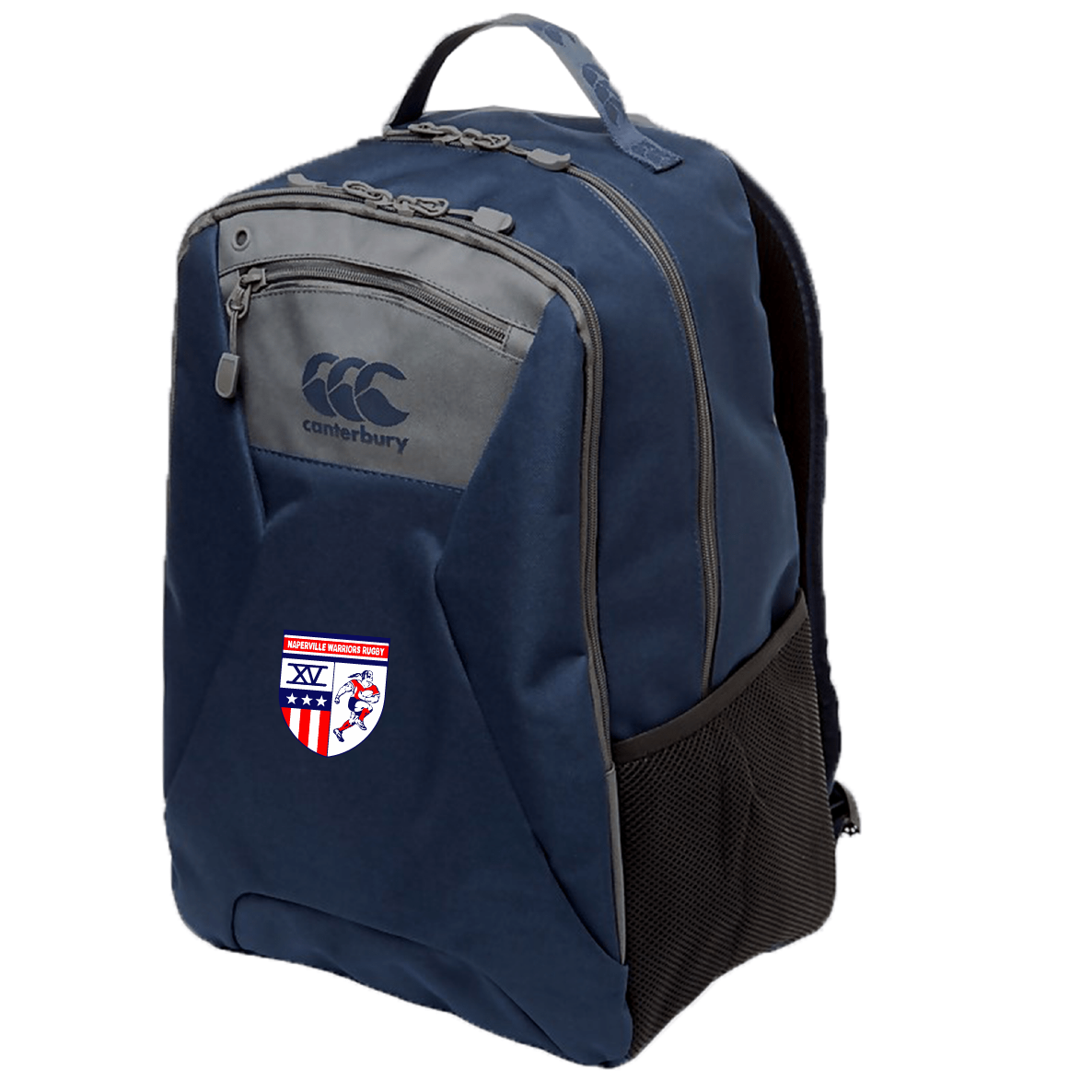 The Naperville Warriors Medium Backpack by EMB Canterbury features water-repellent fabric, ergonomic shoulder straps, a front zip pocket, mesh side pocket, and a rugby logo patch on the front.