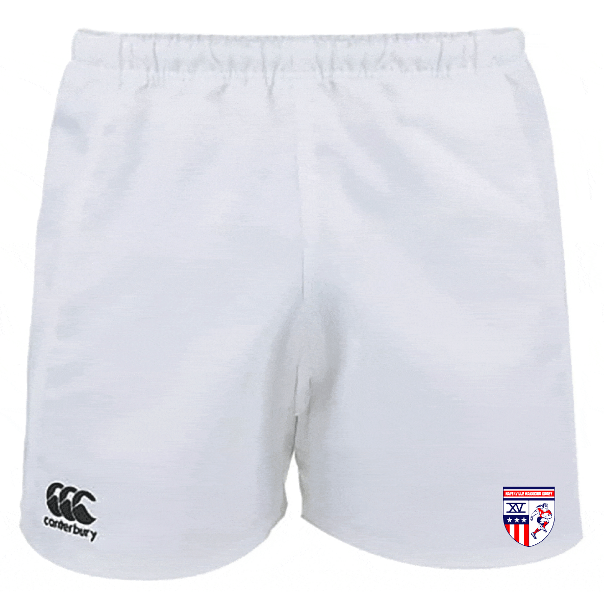 Naperville Warriors Advantage Rugby Shorts by EMB Canterbury feature moisture-wicking white fabric, the Canterbury Rugby logo on the left leg, and a Naperville Warriors team crest on the right leg.