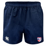 Navy blue Naperville Warriors Advantage Rugby Shorts by EMB Canterbury, featuring an elastic waistband, Canterbury logo on the left leg, club crest on the right, and moisture-wicking fabric for comfort during every match.