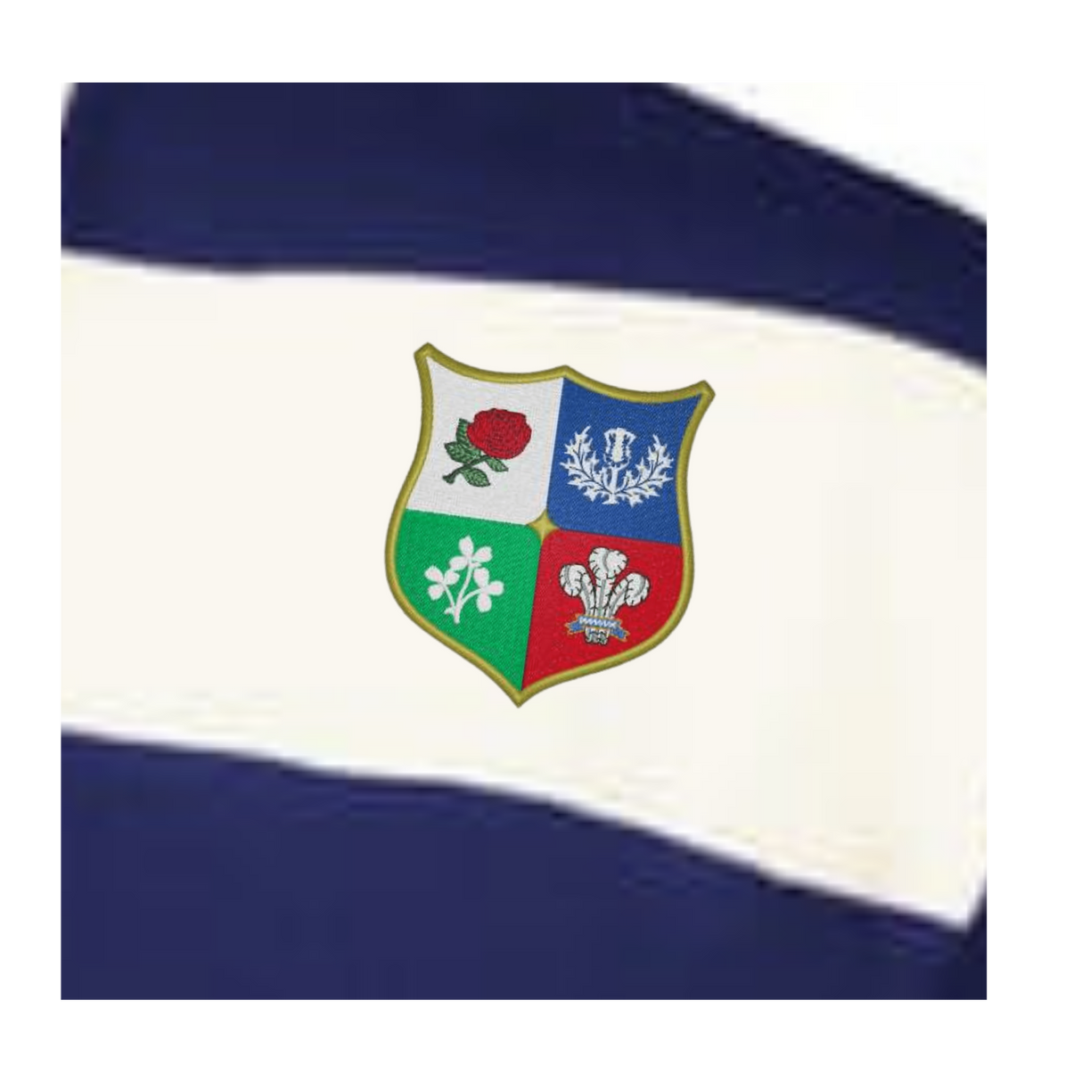 The EMB Augusta Women's Vintage British & Irish Lions Prep Street Rugby Crop features a shield crest with rose, thistle, shamrock, and feathers on blue and white stripes—ideal for fans of classic rugby style.
