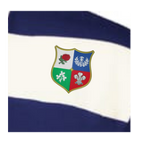 The EMB Augusta Women's Vintage British & Irish Lions Prep Street Rugby Crop features a shield crest with rose, thistle, shamrock, and feathers on blue and white stripes—ideal for fans of classic rugby style.