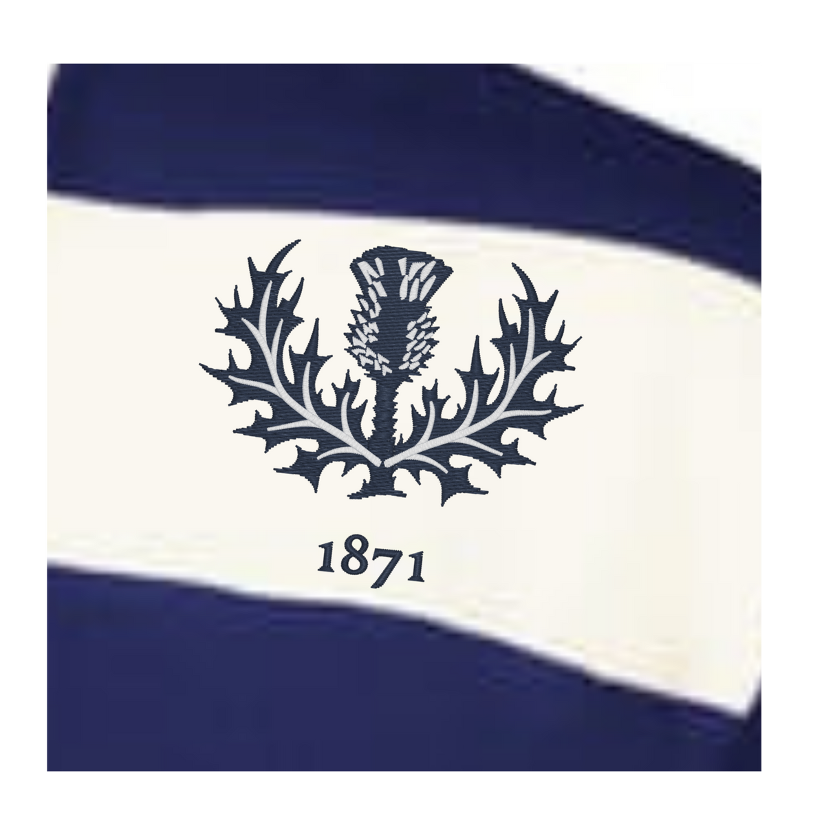 The EMB Augusta Women's Vintage Scotland Prep Street Rugby Crop showcases navy and white stripes, a thistle emblem, and the number 1871, capturing classic rugby style.