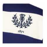 The EMB Augusta Women's Vintage Scotland Prep Street Rugby Crop showcases navy and white stripes, a thistle emblem, and the number 1871, capturing classic rugby style.