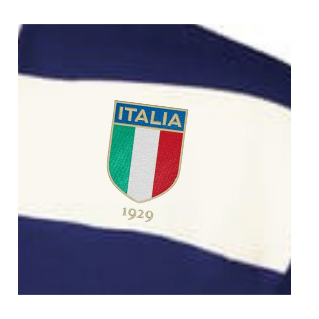 The EMB Augusta Women's Vintage Italy Prep Street Rugby Crop features an embroidered Italia crest with green, white, and red stripes and "1929" below on navy and white stripes—perfect for a classic collared rugby shirt look.