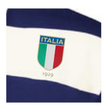 The EMB Augusta Women's Vintage Italy Prep Street Rugby Crop features an embroidered Italia crest with green, white, and red stripes and "1929" below on navy and white stripes—perfect for a classic collared rugby shirt look.