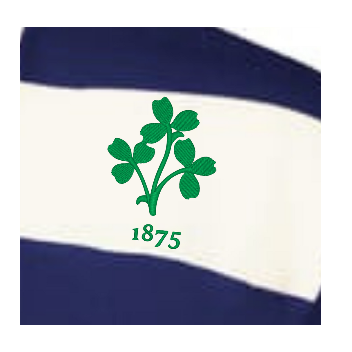 A green shamrock and 1875 on a white stripe, bordered by navy blue—classic details on the Women's Vintage Ireland Prep Street Rugby Crop by EMB Augusta.