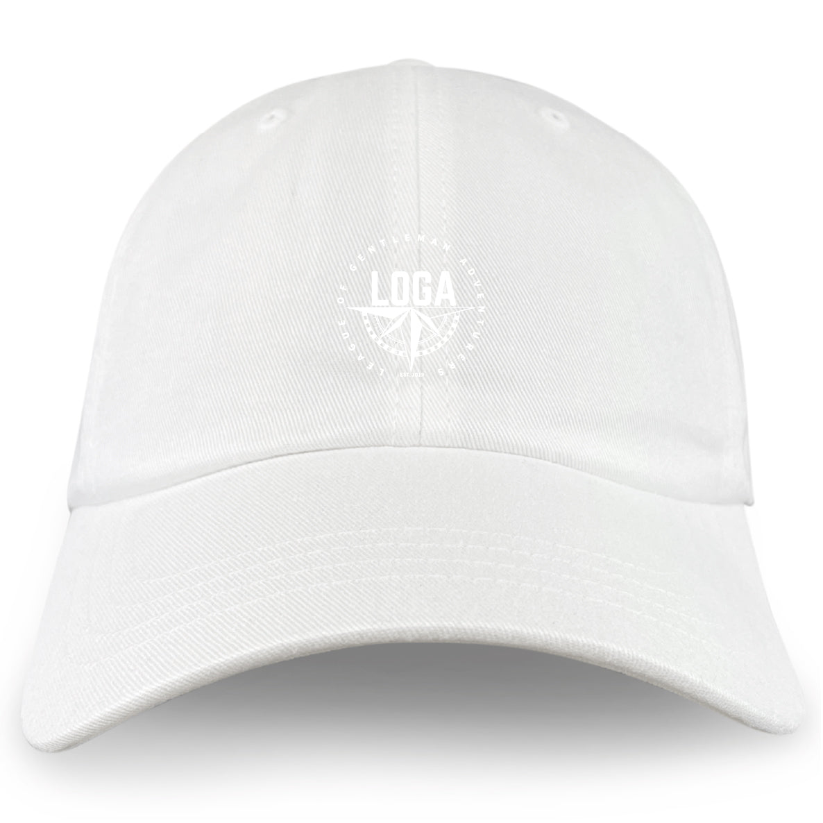 The League of Gentleman Adventurers Adult Low-Profile Cotton Twill Dad Cap by EMB S&S Activewear features a small circular logo and "LOGA" embroidered on the front, crafted from classic white cotton twill.