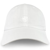 The League of Gentleman Adventurers Adult Low-Profile Cotton Twill Dad Cap by EMB S&S Activewear features a small circular logo and "LOGA" embroidered on the front, crafted from classic white cotton twill.