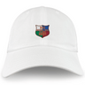 The EMB S&S Activewear NYC British and Irish Selects Adult Low-Profile Cotton Twill Dad Cap features a white design with a colorful embroidered shield logo and "NYC British & Irish Select Rugby" on the front.