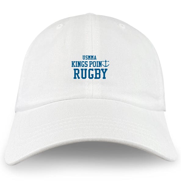 The EMB S&S Activewear King's Point Rugby Adult Low-Profile Cotton Twill Dad Cap features white cotton twill with blue "USMMA Kings Point Rugby" embroidery and a small anchor graphic.