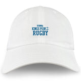 The EMB S&S Activewear King's Point Rugby Adult Low-Profile Cotton Twill Dad Cap features white cotton twill with blue "USMMA Kings Point Rugby" embroidery and a small anchor graphic.