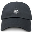 The EMB S&S Activewear League of Gentleman Adventurers Adult Low-Profile Cotton Twill Dad Cap is black with a small, circular white "LOGA" and compass logo embroidered on the front.