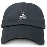 The EMB S&S Activewear League of Gentleman Adventurers Adult Low-Profile Cotton Twill Dad Cap is black with a small, circular white "LOGA" and compass logo embroidered on the front.