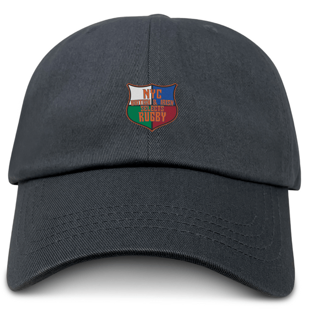 The NYC British and Irish Selects Adult Low-Profile Cotton Twill Dad Cap by EMB S&S Activewear is a black hat with a small shield logo and embroidered "NYC British & Irish Selects Rugby" branding on the front.
