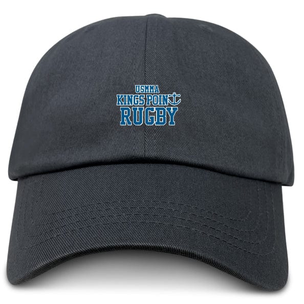 The King’s Point Rugby Adult Low-Profile Cotton Twill Dad Cap by EMB S&S Activewear features black cotton twill and "USMMA Kings Point Rugby" with an anchor logo embroidered in bold blue and white on the front.