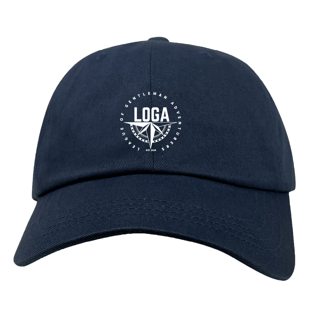 The EMB S&S Activewear League of Gentleman Adventurers Adult Low-Profile Cotton Twill Dad Cap is a navy blue hat with a circular white "LOGA" logo and embroidered team branding on the front.