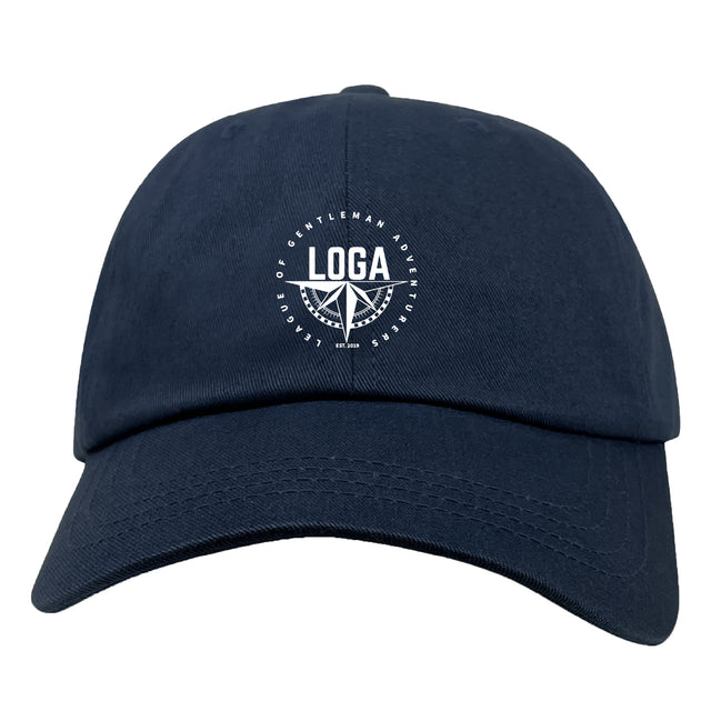 The EMB S&S Activewear League of Gentleman Adventurers Adult Low-Profile Cotton Twill Dad Cap is a navy blue hat with a circular white "LOGA" logo and embroidered team branding on the front.