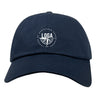 The EMB S&S Activewear League of Gentleman Adventurers Adult Low-Profile Cotton Twill Dad Cap is a navy blue hat with a circular white "LOGA" logo and embroidered team branding on the front.
