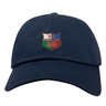 The EMB S&S Activewear NYC British and Irish Selects Adult Low-Profile Cotton Twill Dad Cap is a navy blue hat featuring a shield-shaped, multicolored embroidered "NYC British & Irish Selects Rugby" team logo.